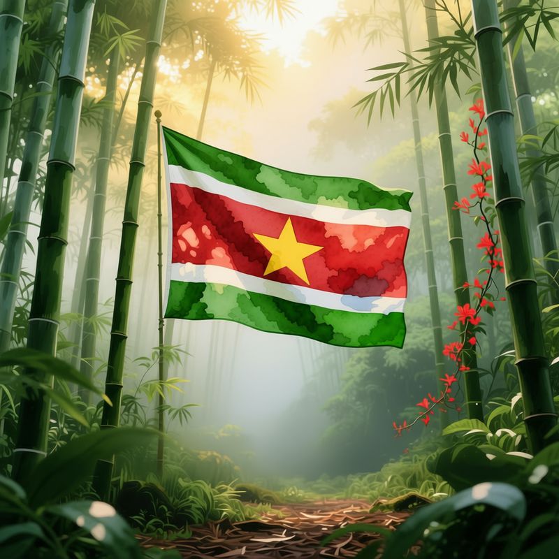 Suriname national flag at a bamboo planting site in Tibiti, Suriname - SUBACO sustainable forestry project